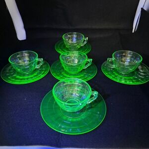 Vintage Hocking Block Optic Uranium Glass Tea Cup and Saucer Set 10pc Green UV